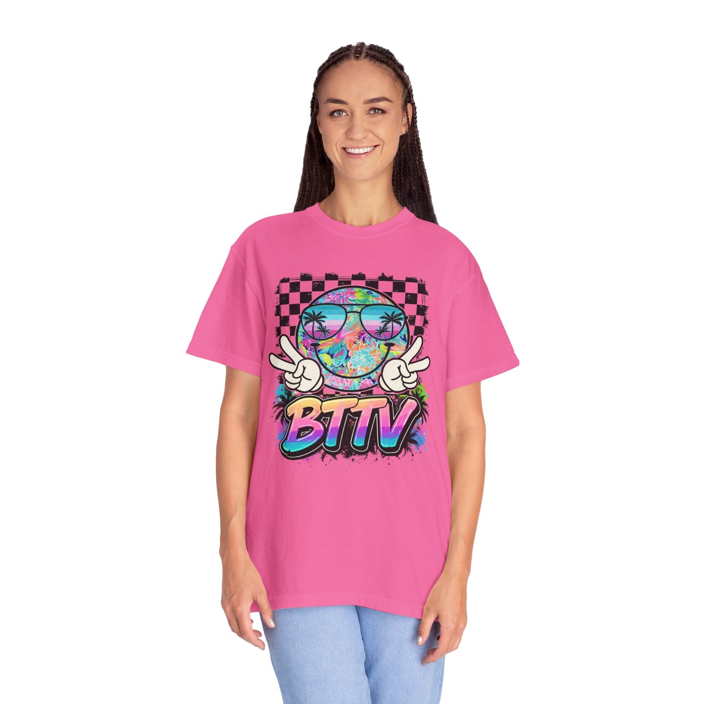 BTTV Vibes Graphic T-Shirt — Retro Tie-Dye Smiley with Palm Trees & Checkerboard