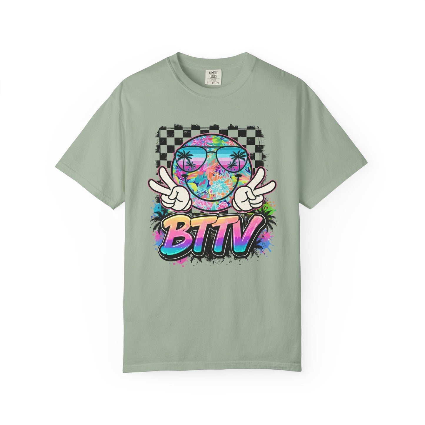 BTTV Vibes Graphic T-Shirt — Retro Tie-Dye Smiley with Palm Trees & Checkerboard