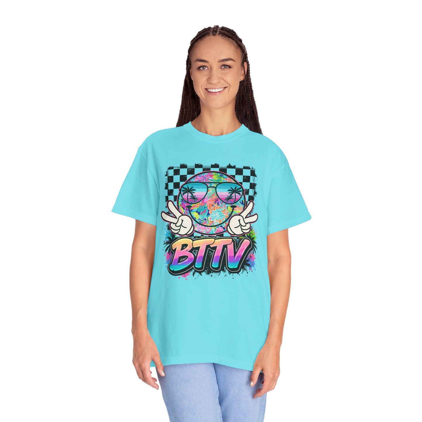 BTTV Vibes Graphic T-Shirt — Retro Tie-Dye Smiley with Palm Trees & Checkerboard