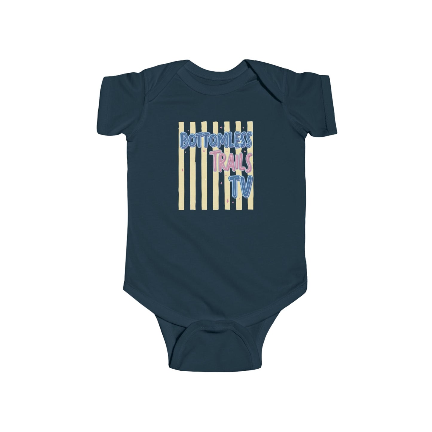 Infant Bodysuit with "Bottomless Trails TV" Retro Stripe Design