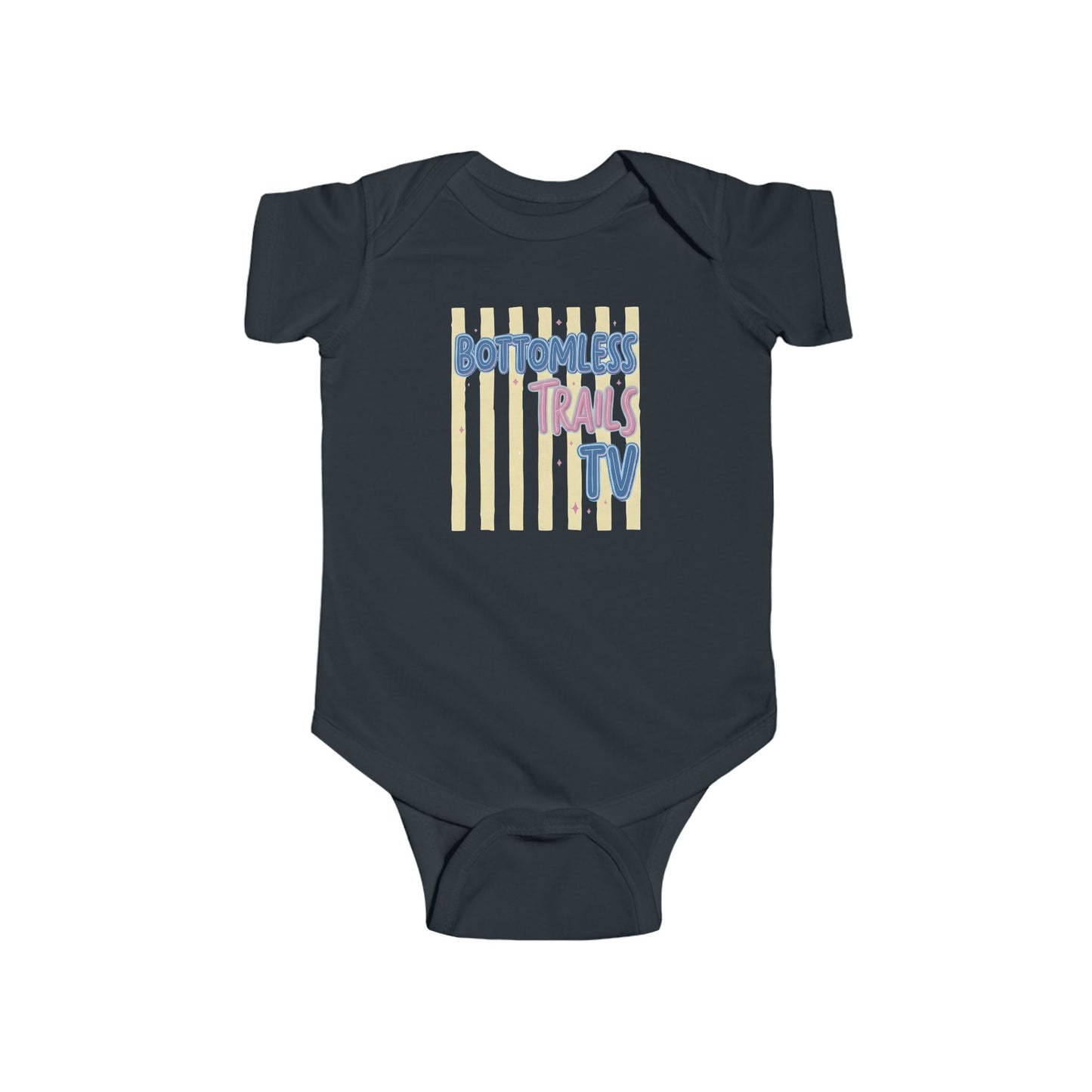 Infant Bodysuit with "Bottomless Trails TV" Retro Stripe Design