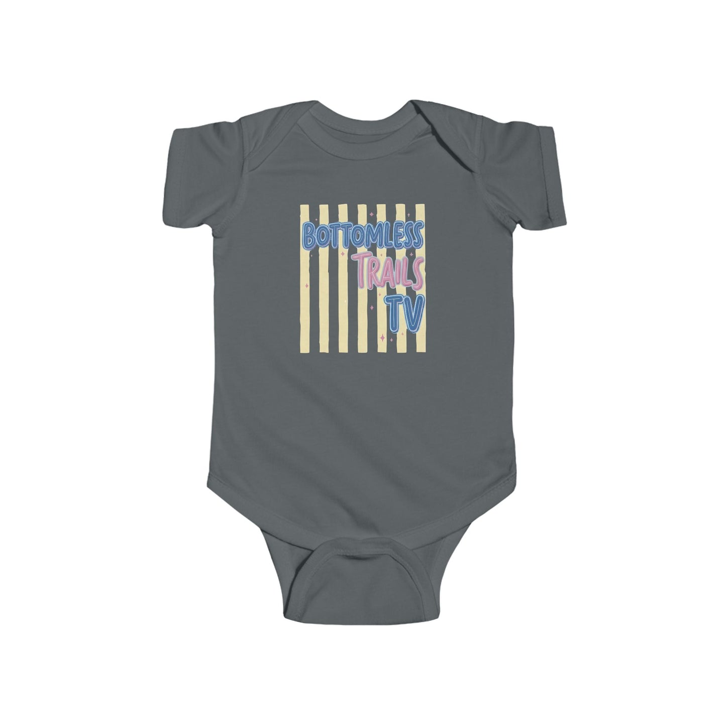 Infant Bodysuit with "Bottomless Trails TV" Retro Stripe Design