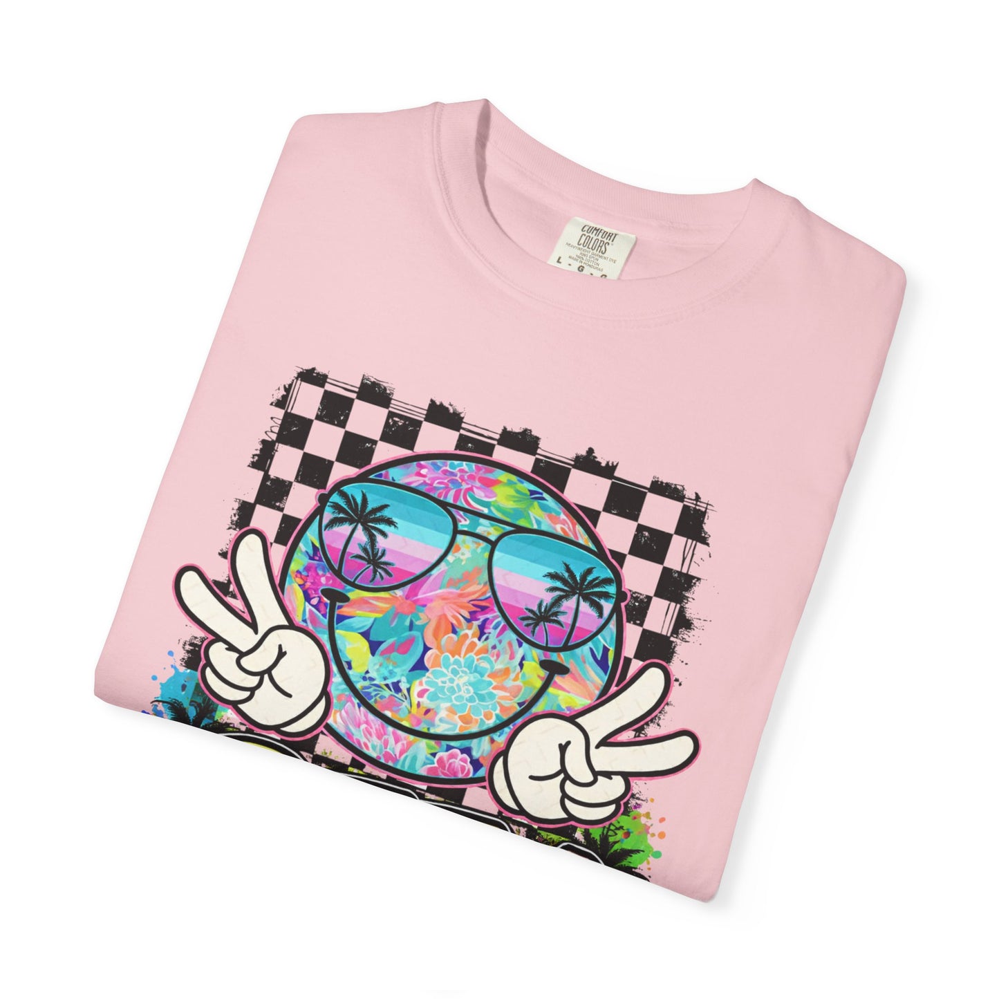 BTTV Vibes Graphic T-Shirt — Retro Tie-Dye Smiley with Palm Trees & Checkerboard