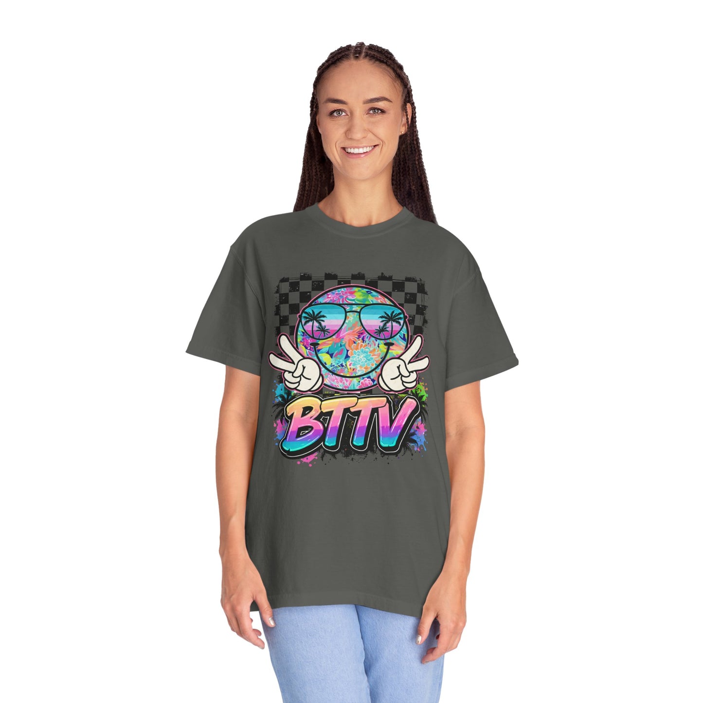 BTTV Vibes Graphic T-Shirt — Retro Tie-Dye Smiley with Palm Trees & Checkerboard