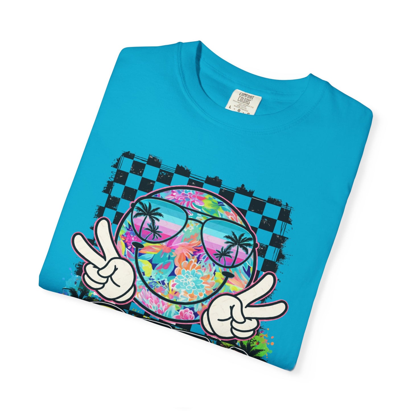 BTTV Vibes Graphic T-Shirt — Retro Tie-Dye Smiley with Palm Trees & Checkerboard