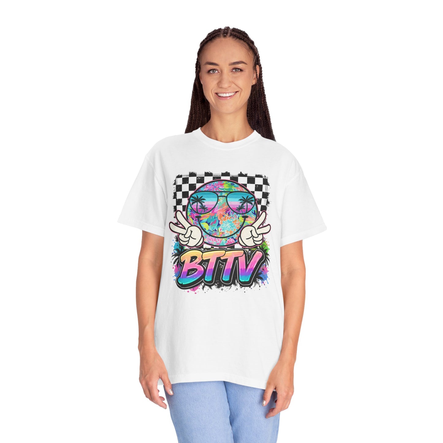 BTTV Vibes Graphic T-Shirt — Retro Tie-Dye Smiley with Palm Trees & Checkerboard