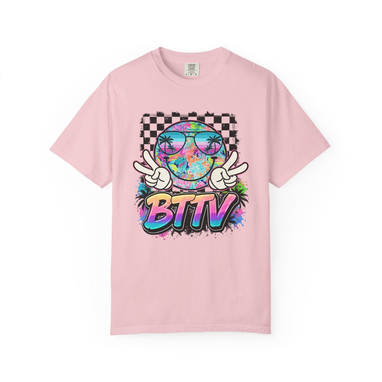 BTTV Vibes Graphic T-Shirt — Retro Tie-Dye Smiley with Palm Trees & Checkerboard