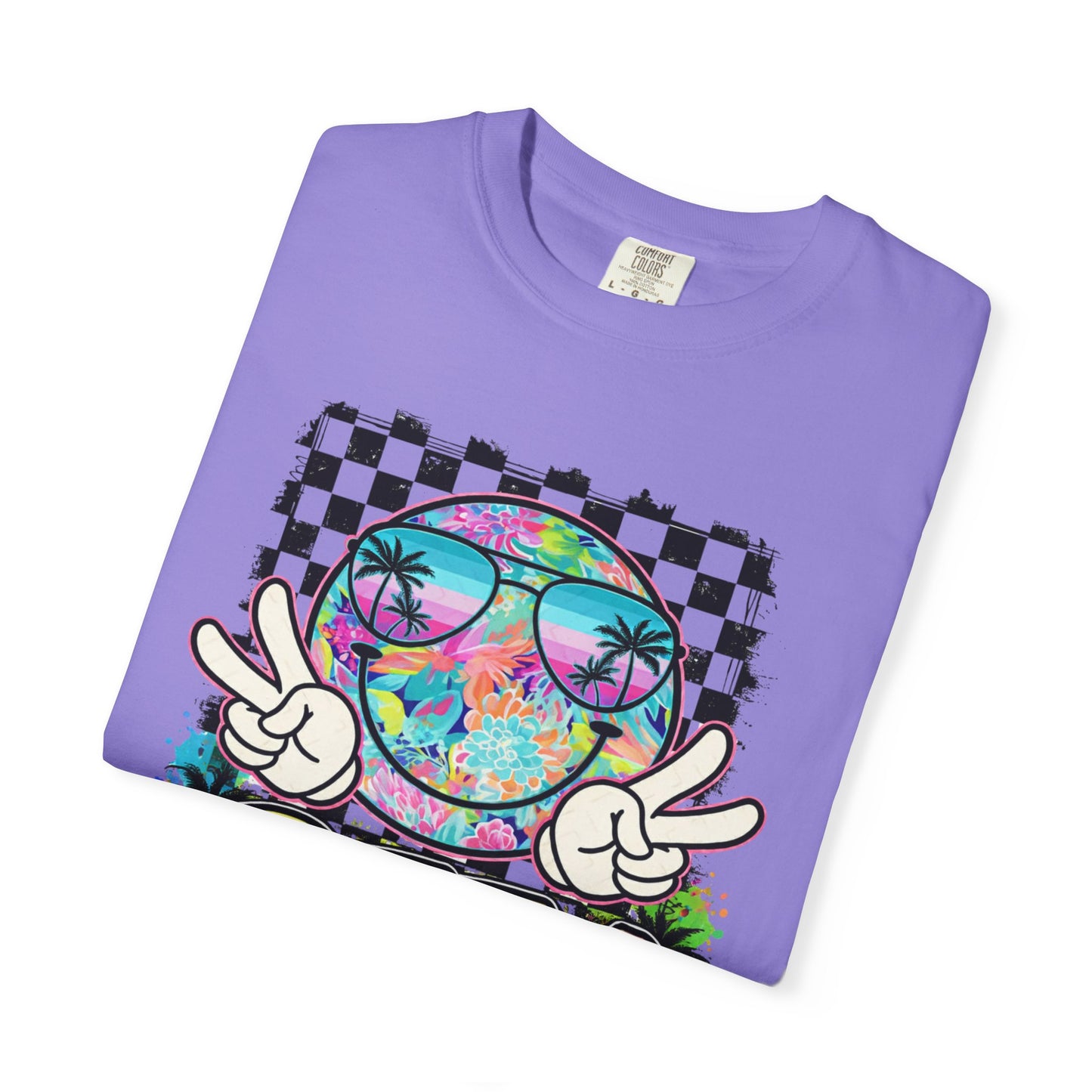 BTTV Vibes Graphic T-Shirt — Retro Tie-Dye Smiley with Palm Trees & Checkerboard