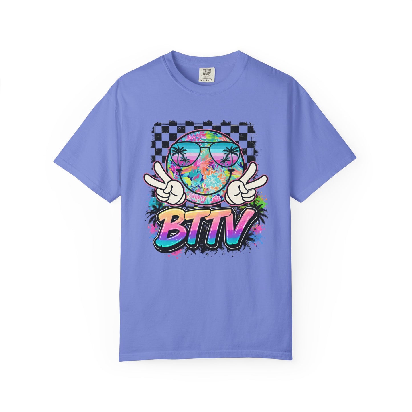 BTTV Vibes Graphic T-Shirt — Retro Tie-Dye Smiley with Palm Trees & Checkerboard