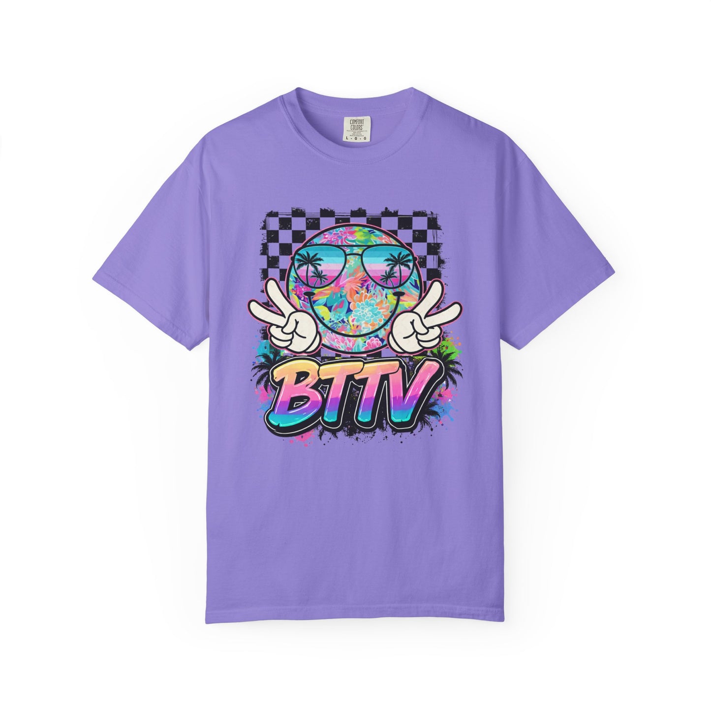 BTTV Vibes Graphic T-Shirt — Retro Tie-Dye Smiley with Palm Trees & Checkerboard