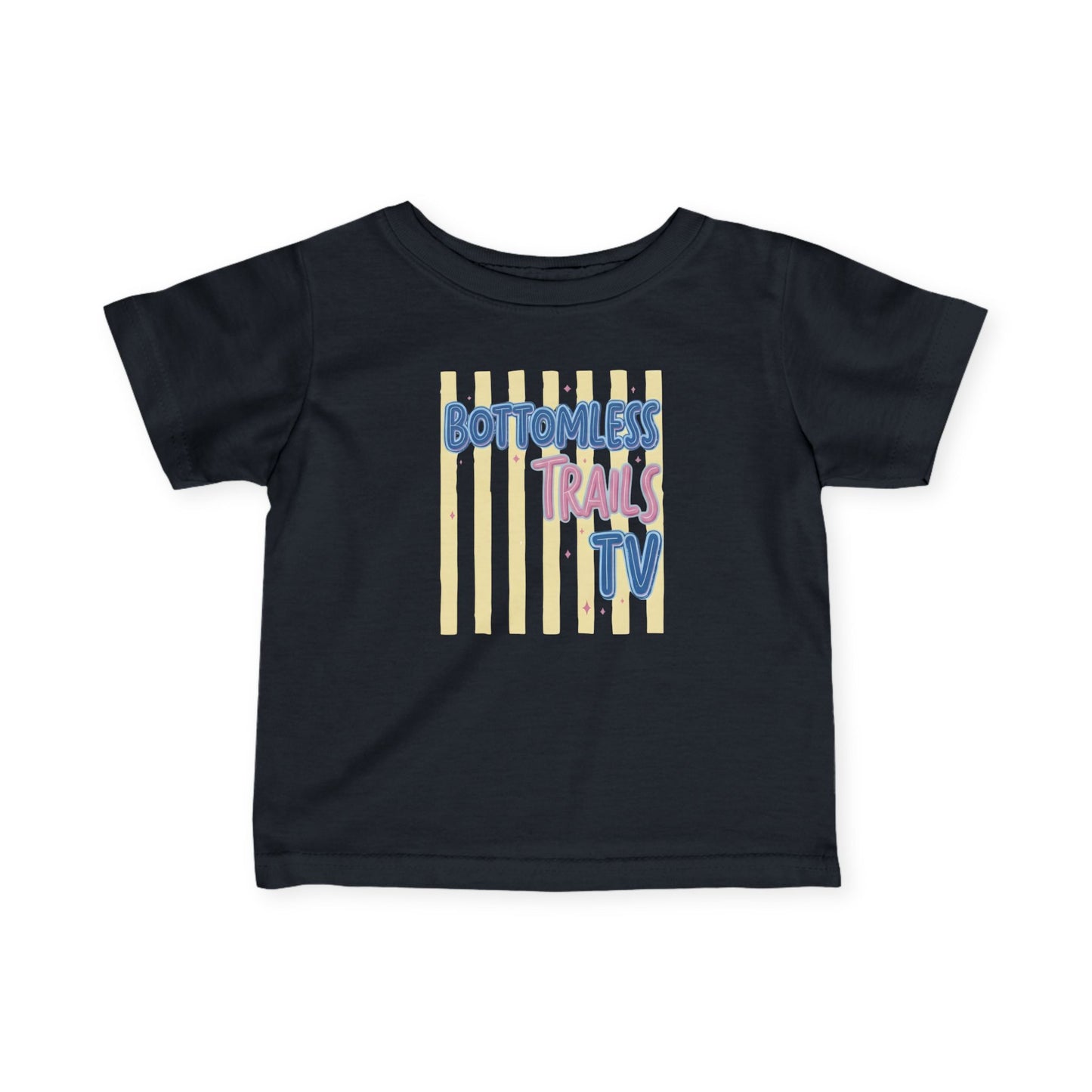 Infant Tee — "Bottomless Trails TV" Pastel Retro Logo Baby Shirt