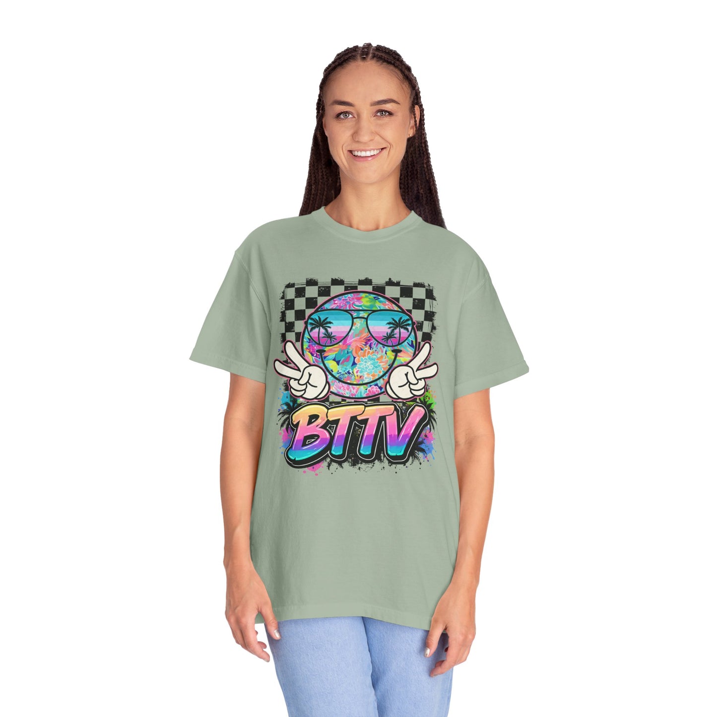 BTTV Vibes Graphic T-Shirt — Retro Tie-Dye Smiley with Palm Trees & Checkerboard