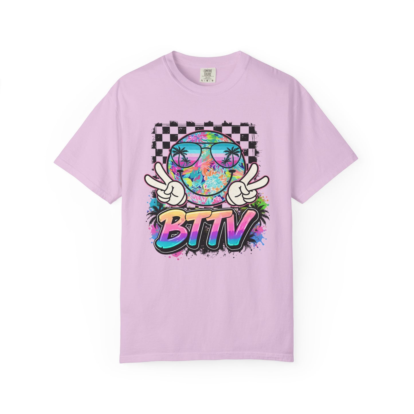 BTTV Vibes Graphic T-Shirt — Retro Tie-Dye Smiley with Palm Trees & Checkerboard