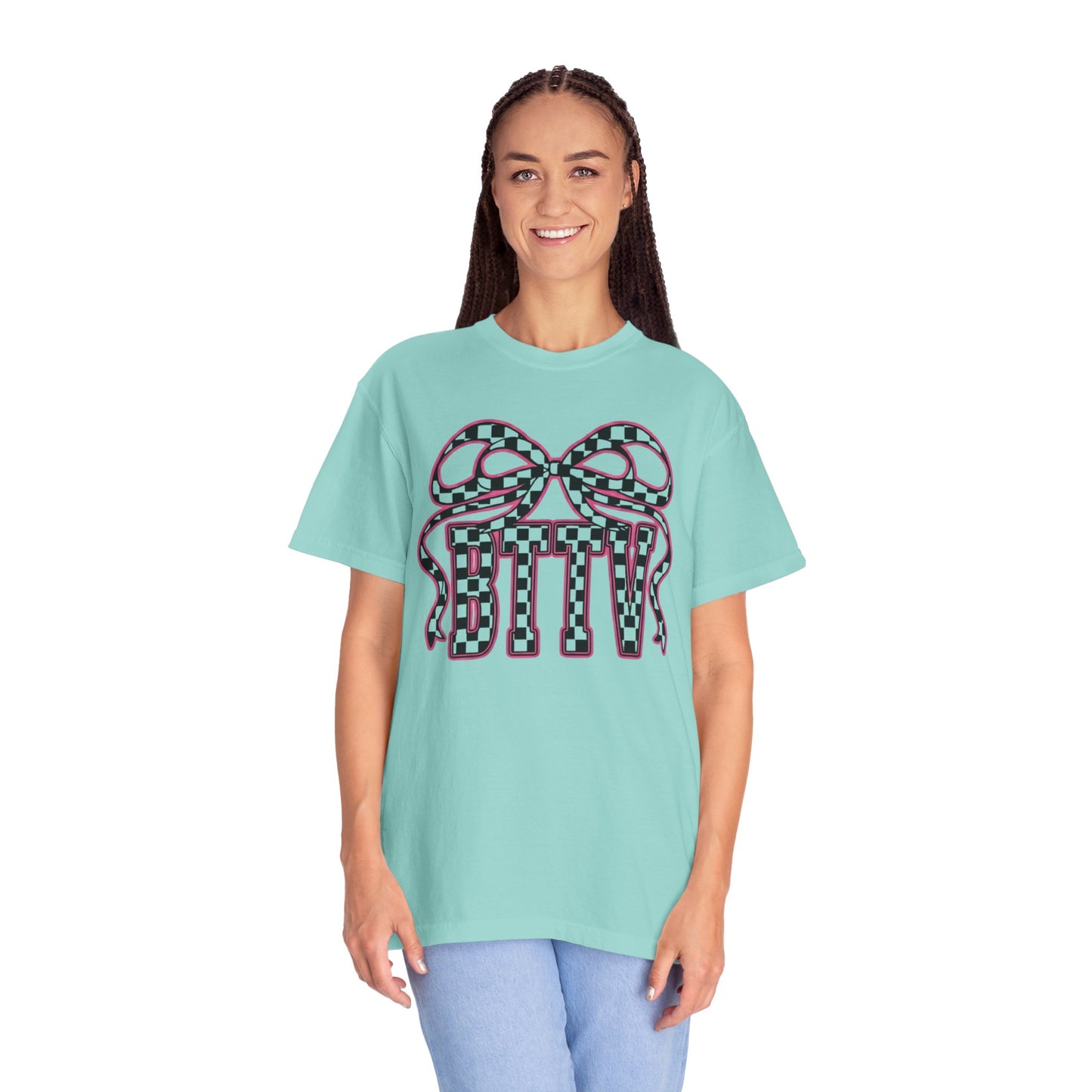 Checker Bow T-Shirt — Playful Checkerboard Ribbon Graphic Tee
