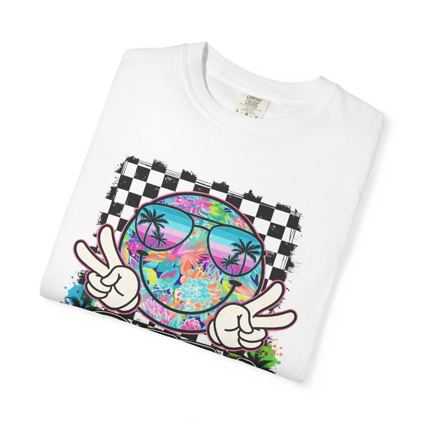 BTTV Vibes Graphic T-Shirt — Retro Tie-Dye Smiley with Palm Trees & Checkerboard