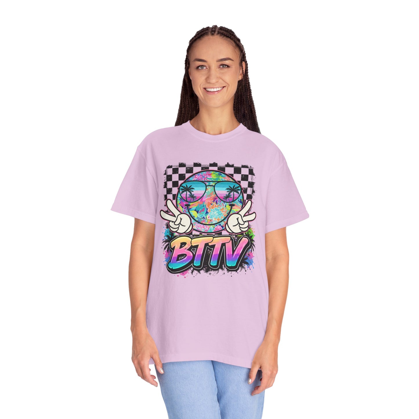 BTTV Vibes Graphic T-Shirt — Retro Tie-Dye Smiley with Palm Trees & Checkerboard