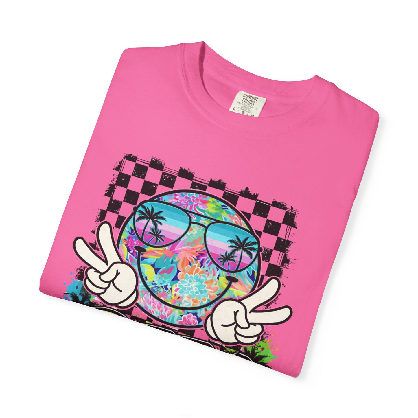 BTTV Vibes Graphic T-Shirt — Retro Tie-Dye Smiley with Palm Trees & Checkerboard