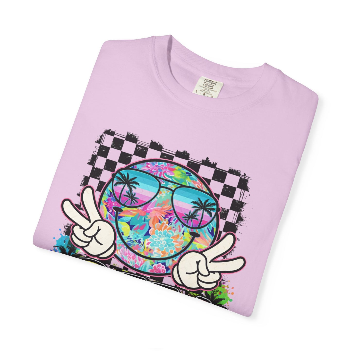 BTTV Vibes Graphic T-Shirt — Retro Tie-Dye Smiley with Palm Trees & Checkerboard