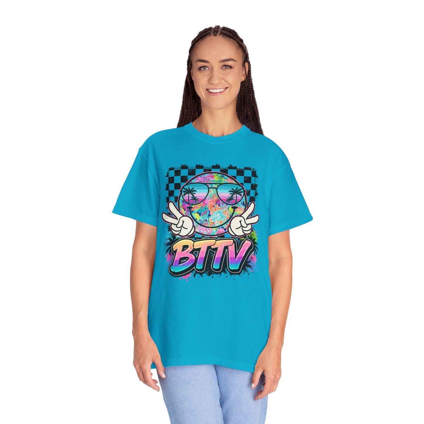 BTTV Vibes Graphic T-Shirt — Retro Tie-Dye Smiley with Palm Trees & Checkerboard