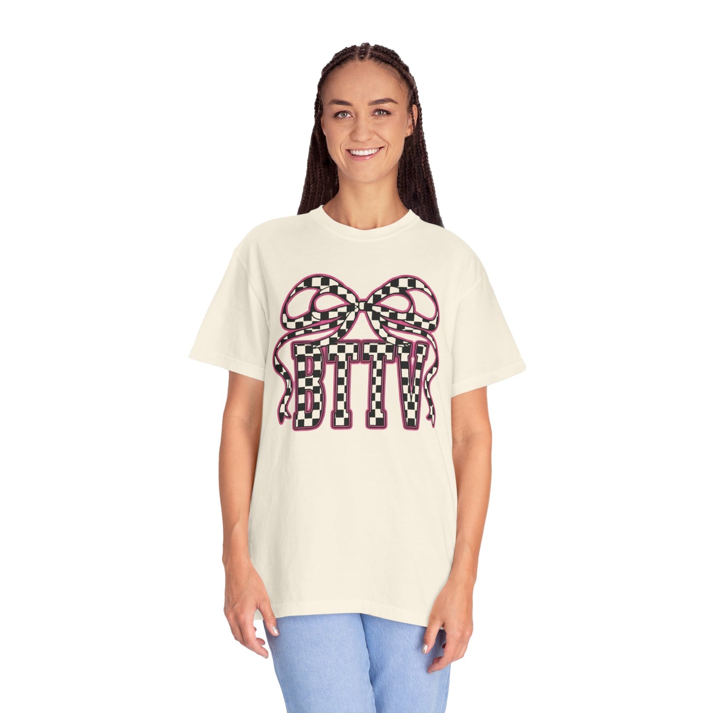 Checker Bow T-Shirt — Playful Checkerboard Ribbon Graphic Tee