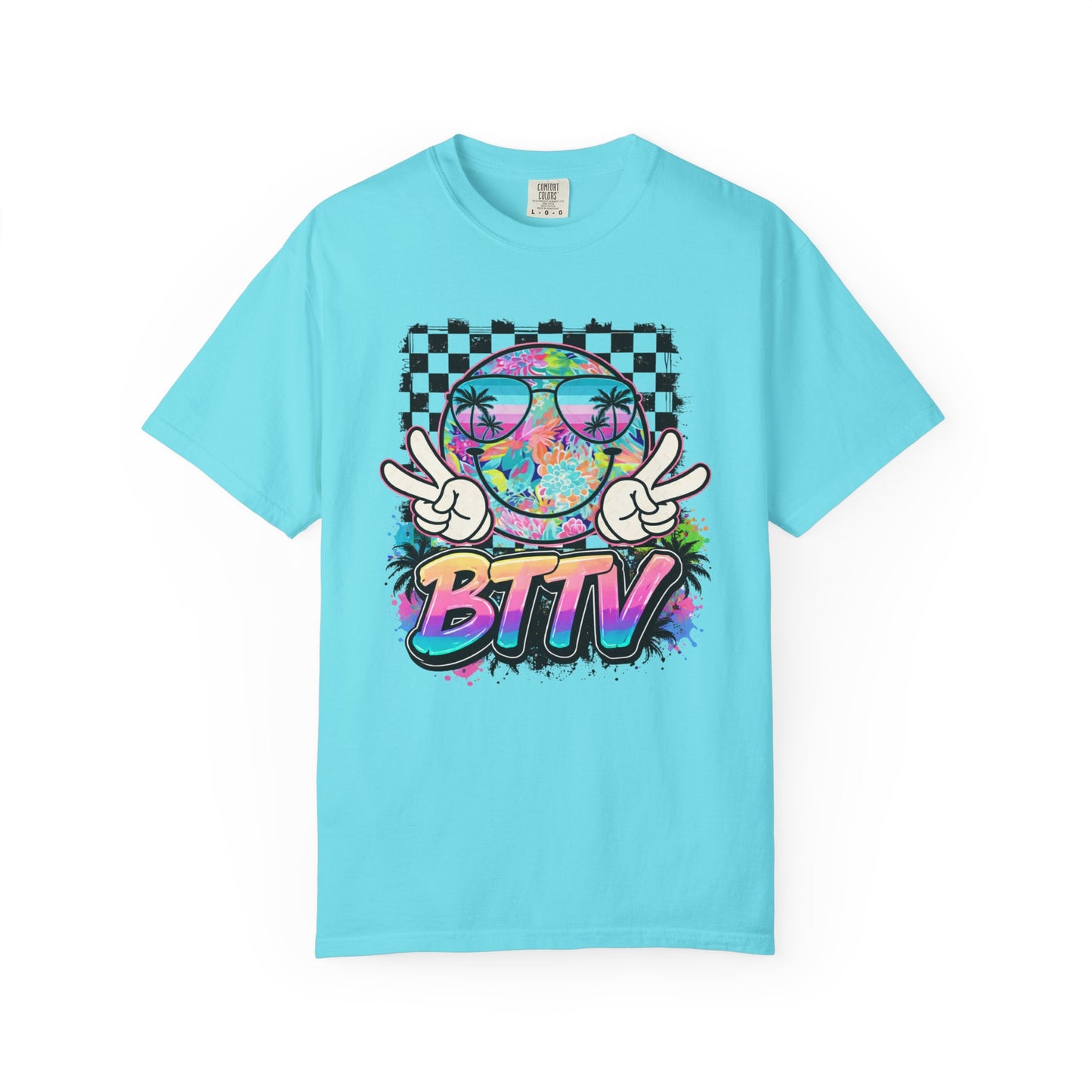 BTTV Vibes Graphic T-Shirt — Retro Tie-Dye Smiley with Palm Trees & Checkerboard