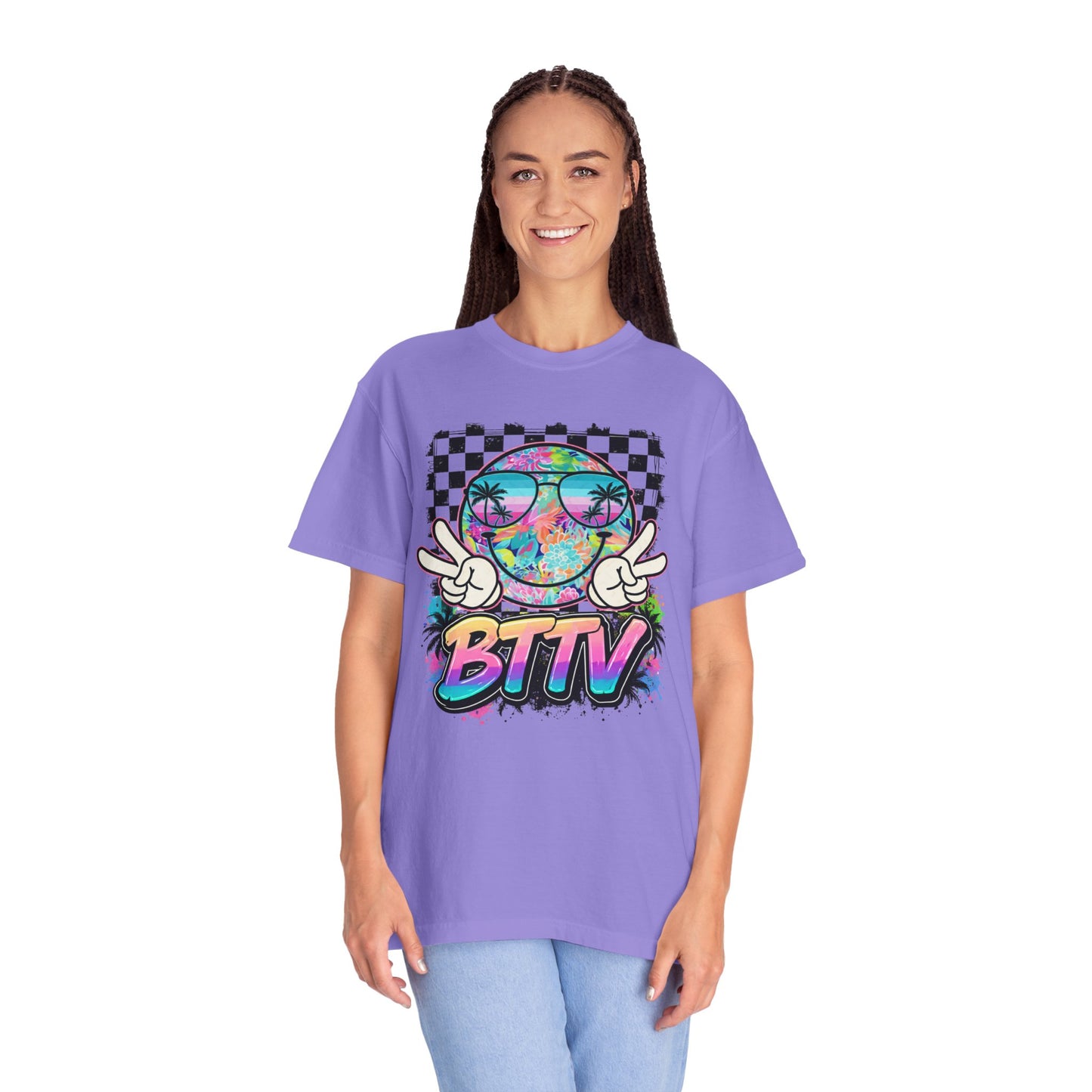 BTTV Vibes Graphic T-Shirt — Retro Tie-Dye Smiley with Palm Trees & Checkerboard