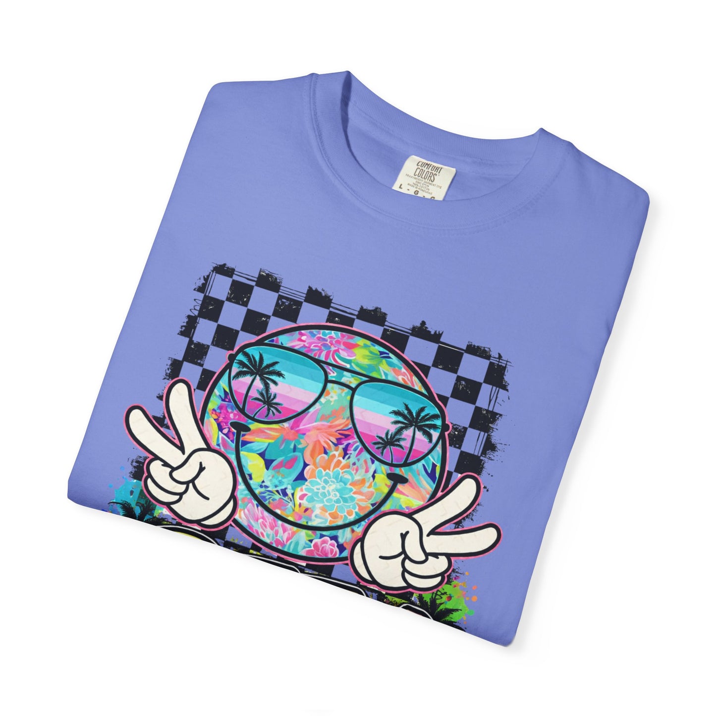 BTTV Vibes Graphic T-Shirt — Retro Tie-Dye Smiley with Palm Trees & Checkerboard