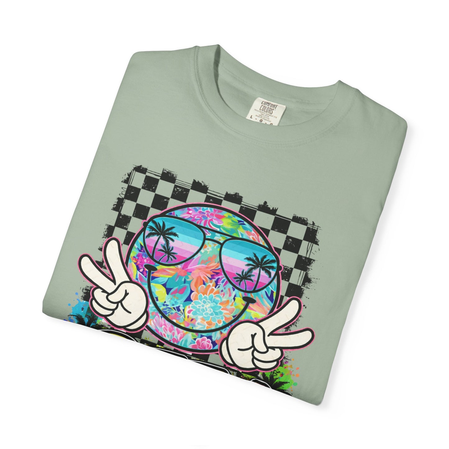 BTTV Vibes Graphic T-Shirt — Retro Tie-Dye Smiley with Palm Trees & Checkerboard