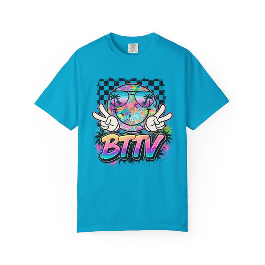 BTTV Vibes Graphic T-Shirt — Retro Tie-Dye Smiley with Palm Trees & Checkerboard