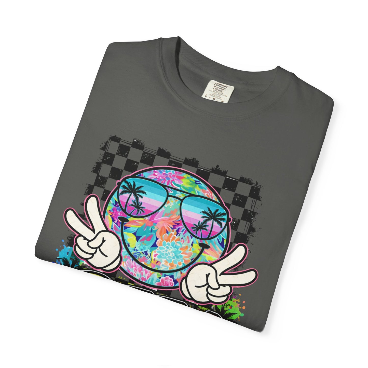 BTTV Vibes Graphic T-Shirt — Retro Tie-Dye Smiley with Palm Trees & Checkerboard