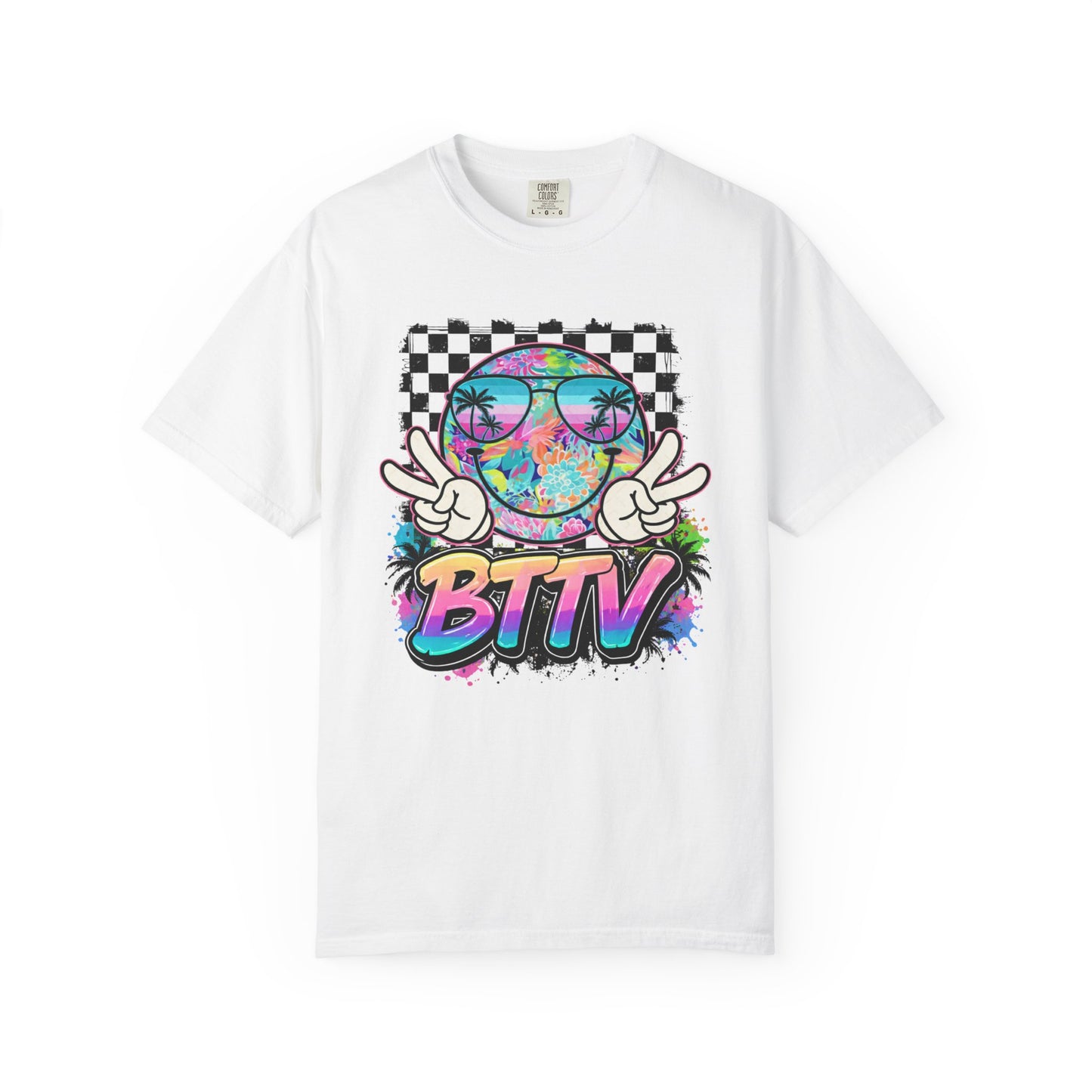 BTTV Vibes Graphic T-Shirt — Retro Tie-Dye Smiley with Palm Trees & Checkerboard