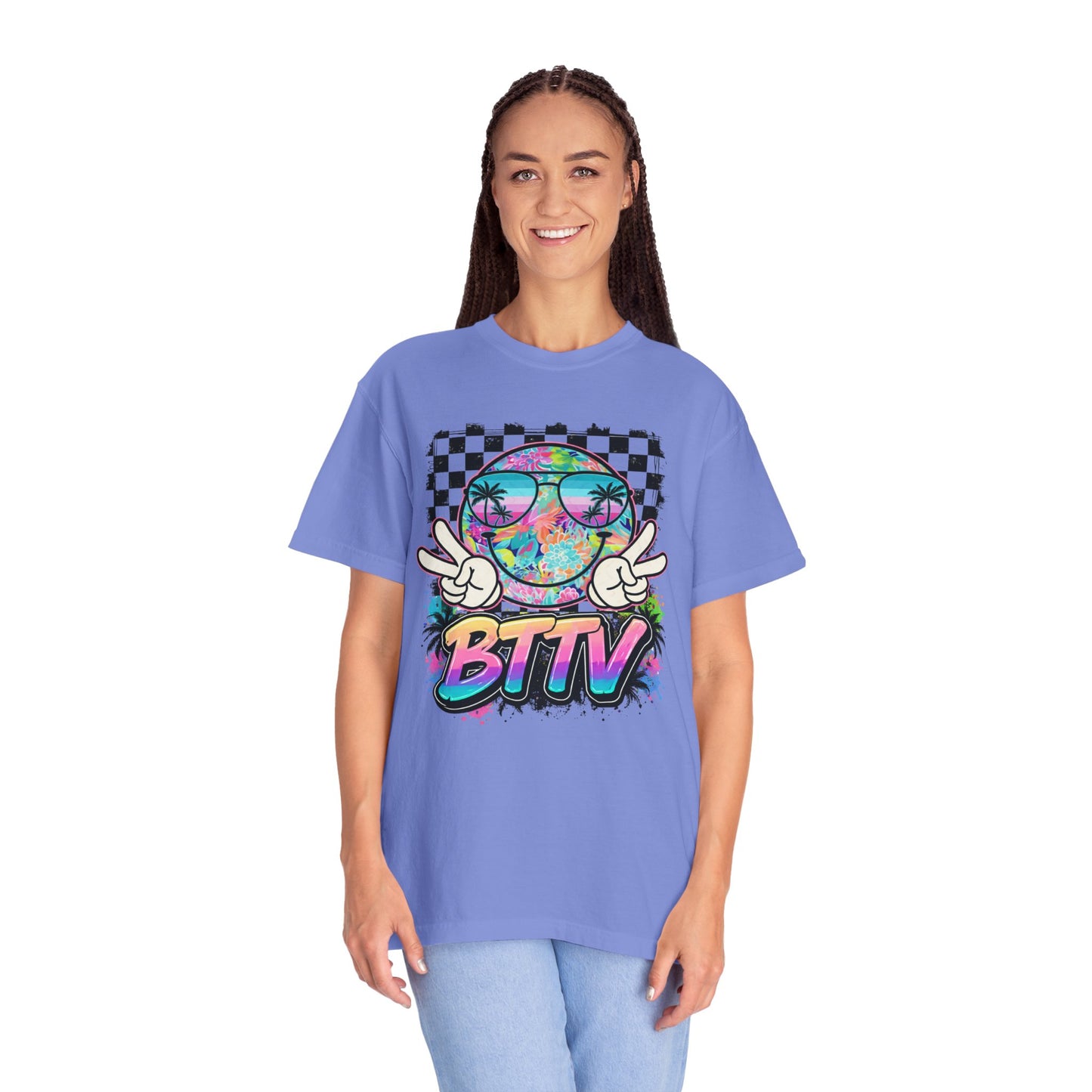 BTTV Vibes Graphic T-Shirt — Retro Tie-Dye Smiley with Palm Trees & Checkerboard