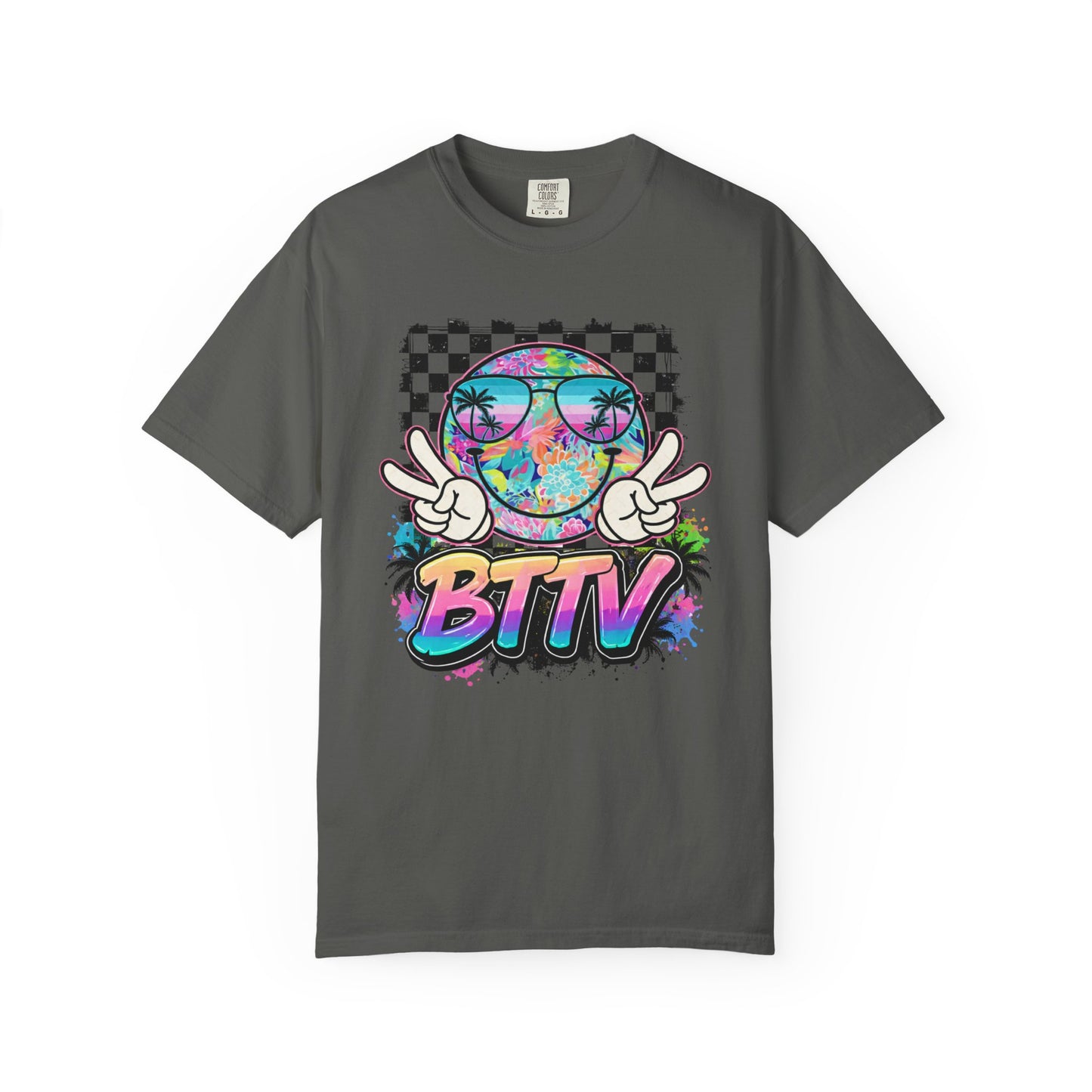 BTTV Vibes Graphic T-Shirt — Retro Tie-Dye Smiley with Palm Trees & Checkerboard
