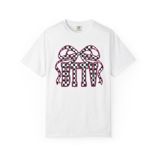 Checker Bow T-Shirt — Playful Checkerboard Ribbon Graphic Tee