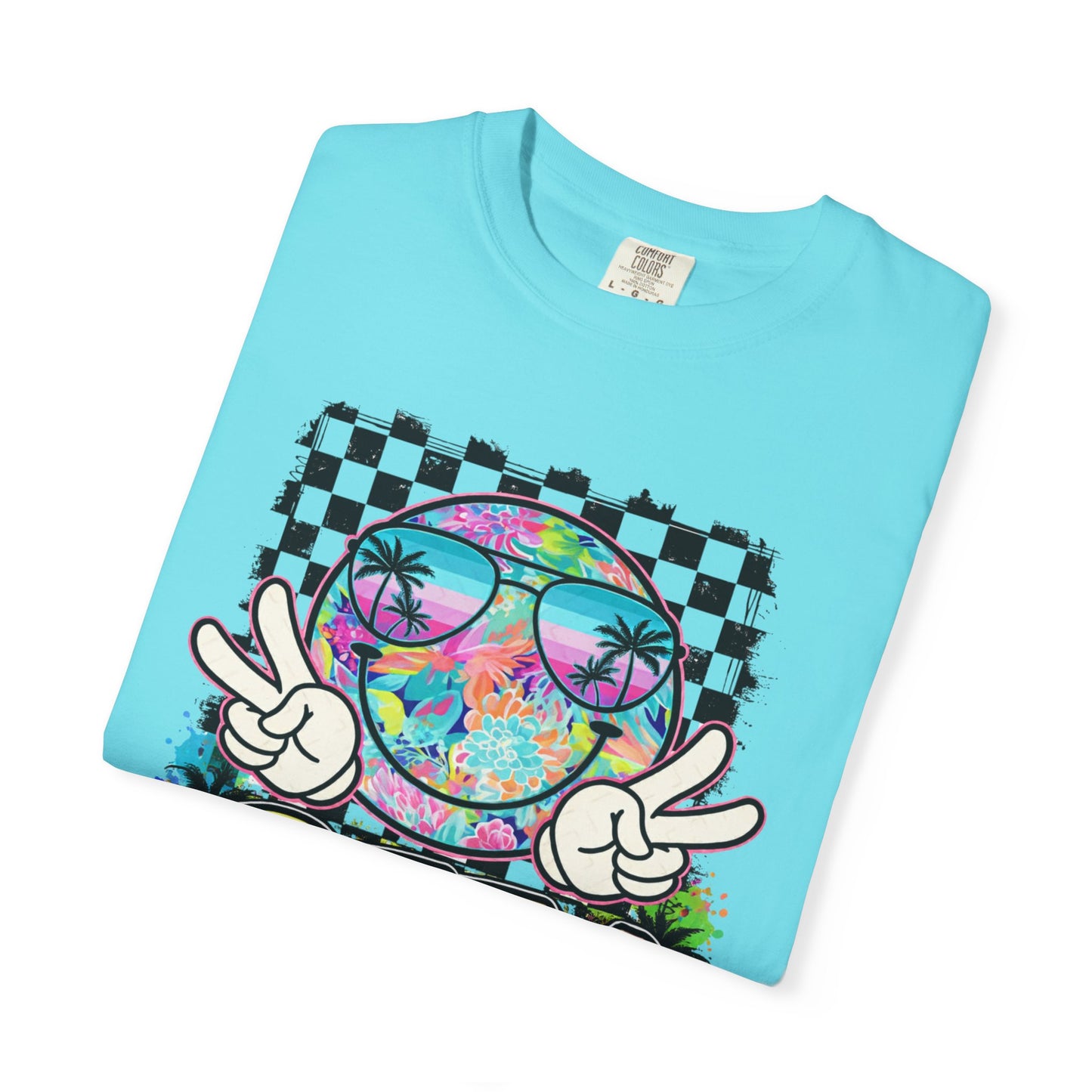 BTTV Vibes Graphic T-Shirt — Retro Tie-Dye Smiley with Palm Trees & Checkerboard