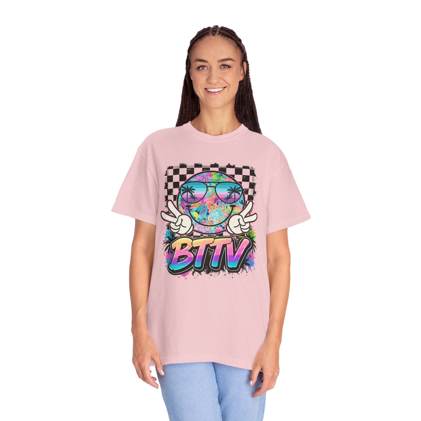 BTTV Vibes Graphic T-Shirt — Retro Tie-Dye Smiley with Palm Trees & Checkerboard