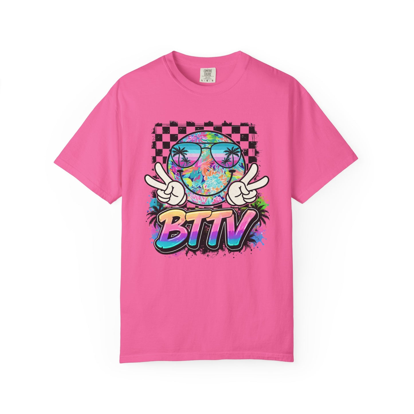 BTTV Vibes Graphic T-Shirt — Retro Tie-Dye Smiley with Palm Trees & Checkerboard